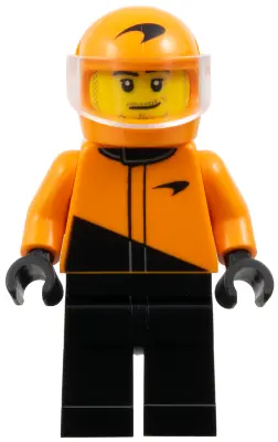 CTY1846:  Formula 1 Driver, McLaren - Male, Black and Orange Racing Suit, Orange Helmet, Trans-Clear Visor, Stubble