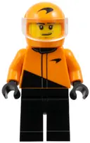 Minifigurka: CTY1846:  Formula 1 Driver, McLaren - Male, Black and Orange Racing Suit, Orange Helmet, Trans-Clear Visor, Stubble
