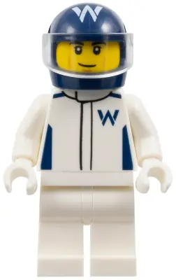 CTY1847:  Formula 1 Driver, Williams - Male, White Racing Suit, Dark Blue Helmet, Trans-Clear Visor