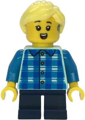 CTY1850:  Child - Girl, Blue and Dark Azure Plaid Shirt, Dark Blue Short Legs, Bright Light Yellow Ponytail, Hearing Aid