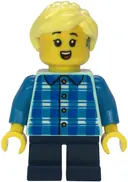 Minifigurka: CTY1850:  Child - Girl, Blue and Dark Azure Plaid Shirt, Dark Blue Short Legs, Bright Light Yellow Ponytail, Hearing Aid