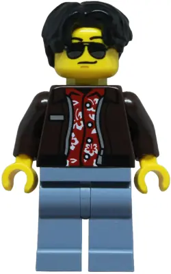CTY1852:  Sports Car Driver - Male, Dark Brown Jacket over Red Hawaiian Shirt, Sand Blue Legs, Black Hair Wavy, Sunglasses