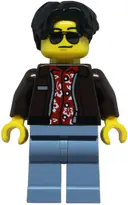 Minifigurka: CTY1852:  Sports Car Driver - Male, Dark Brown Jacket over Red Hawaiian Shirt, Sand Blue Legs, Black Hair Wavy, Sunglasses