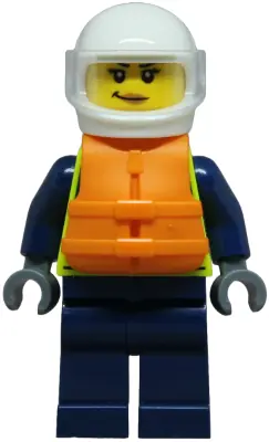CTY1853:  Police - City Officer Female, Neon Yellow Safety Vest, Dark Blue Legs, White Helmet, Trans-Clear Visor, Orange Life Jacket