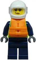 Minifigurka: CTY1853:  Police - City Officer Female, Neon Yellow Safety Vest, Dark Blue Legs, White Helmet, Trans-Clear Visor, Orange Life Jacket