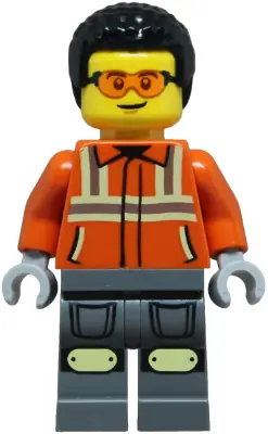 CTY1854:  Construction Worker - Male, Reddish Orange Safety Jacket with Reflective Stripes, Dark Bluish Gray Legs with Knee Pads, Black Coiled Hair, Safety Glasses