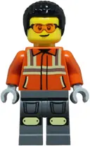 Minifigurka: CTY1854:  Construction Worker - Male, Reddish Orange Safety Jacket with Reflective Stripes, Dark Bluish Gray Legs with Knee Pads, Black Coiled Hair, Safety Glasses
