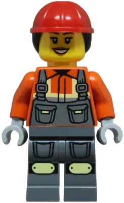 CTY1855:  Construction Worker - Female, Dark Bluish Gray Overalls over Reddish Orange Safety Jacket with Reflective Stripes, Dark Bluish Gray Legs with Knee Pads, Red Construction Helmet with Dark Brown Ponytai