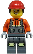 Minifigurka: CTY1855:  Construction Worker - Female, Dark Bluish Gray Overalls over Reddish Orange Safety Jacket with Reflective Stripes, Dark Bluish Gray Legs with Knee Pads, Red Construction Helmet with Dark Brown Ponytai