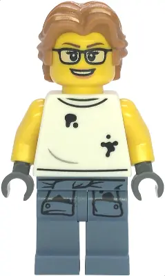 CTY1856:  Scrapyard Worker - Female, White Sleeveless Shirt with Oil Stains, Sand Blue Legs with Shirt Sleeves with Oil Stains, Medium Nougat Wavy Hair, Glasses