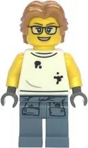 Minifigurka: CTY1856:  Scrapyard Worker - Female, White Sleeveless Shirt with Oil Stains, Sand Blue Legs with Shirt Sleeves with Oil Stains, Medium Nougat Wavy Hair, Glasses