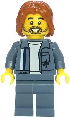 CTY1858:  Scrapyard Worker - Male, Sand Blue Mechanic Uniform over White Shirt, Sand Blue Legs, Dark Orange Mid-Length Tousled Hair, Stubble