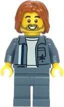 Minifigurka: CTY1858:  Scrapyard Worker - Male, Sand Blue Mechanic Uniform over White Shirt, Sand Blue Legs, Dark Orange Mid-Length Tousled Hair, Stubble