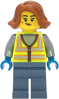 CTY1859:  Scrapyard Worker - Female, Neon Yellow Safety Vest with Reflective Stripes, Sand Blue Legs, Dark Orange Hair, Beauty Mark