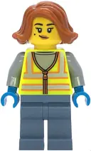 Minifigurka: CTY1859:  Scrapyard Worker - Female, Neon Yellow Safety Vest with Reflective Stripes, Sand Blue Legs, Dark Orange Hair, Beauty Mark