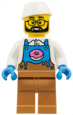 CTY1860:  Donut Truck Vendor - Male, Dark Azure and Medium Nougat Apron with Donut over White Shirt, Medium Nougat Legs, White Butcher / Food Service Cap, Glasses, Beard
