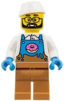 Minifigurka: CTY1860:  Donut Truck Vendor - Male, Dark Azure and Medium Nougat Apron with Donut over White Shirt, Medium Nougat Legs, White Butcher / Food Service Cap, Glasses, Beard