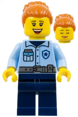 CTY1861:  Donut Truck Customer (Police) - City Officer Female, Bright Light Blue Uniform with Dark Bluish Gray Belt, Dark Blue Legs, Dark Orange Hair with Bun, Freckles