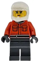 Minifigurka: CTY1864:  Formula 1 Pit Crew Member - Female, Reddish Orange Racing Suit with Pockets, Dark Bluish Gray Legs, White Dirt Bike Helmet, Freckles