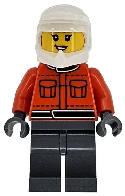 CTY1865:  Formula 1 Pit Crew Member - Female, Reddish Orange Racing Suit with Pockets, Dark Bluish Gray Legs, White Dirt Bike Helmet