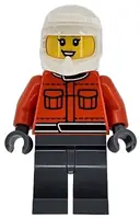 Minifigurka: CTY1865:  Formula 1 Pit Crew Member - Female, Reddish Orange Racing Suit with Pockets, Dark Bluish Gray Legs, White Dirt Bike Helmet
