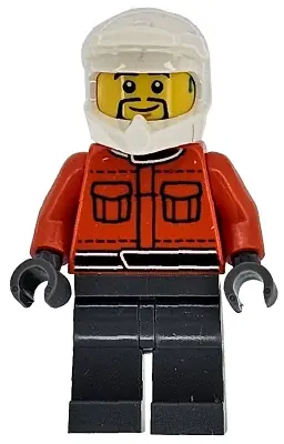 CTY1866:  Formula 1 Pit Crew Member - Male, Reddish Orange Racing Suit with Pockets, Dark Bluish Gray Legs, White Dirt Bike Helmet, Goatee, Hearing Aid
