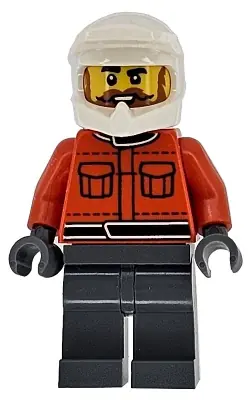 CTY1867:  Formula 1 Pit Crew Member - Male, Reddish Orange Racing Suit with Pockets, Dark Bluish Gray Legs, White Dirt Bike Helmet, Beard and Moustache