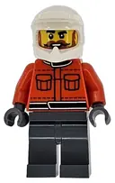 Minifigurka: CTY1867:  Formula 1 Pit Crew Member - Male, Reddish Orange Racing Suit with Pockets, Dark Bluish Gray Legs, White Dirt Bike Helmet, Beard and Moustache