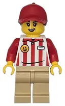 Minifigurka: CTY1868:  Hot Dog Soapbox Race Car Driver (Vendor) - Female, Red and White Striped Shirt, Tan Legs, Red Ball Cap with Reddish Brown Ponytail