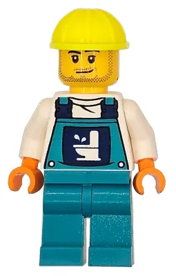 CTY1869:  Toilet Soapbox Race Car Driver (Plumber) - Male, Dark Turquoise Overalls with Toilet Logo, Dark Turquoise Legs, Neon Yellow Construction Helmet, Stubble