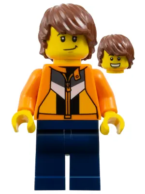 CTY1871:  Soapbox Race Reporter (Jason 'Just Jason' Brickle) - Male, Orange Jacket with Panels and Zipper, Dark Blue Legs, Reddish Brown Tousled Hair