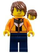 Minifigurka: CTY1871:  Soapbox Race Reporter (Jason 'Just Jason' Brickle) - Male, Orange Jacket with Panels and Zipper, Dark Blue Legs, Reddish Brown Tousled Hair