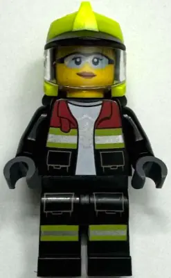 CTY1873:  Fire - Female, Black Open Jacket and Legs with Reflective Stripes and Red Collar, Neon Yellow Fire Helmet, Trans-Clear Visor