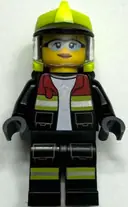 Minifigurka: CTY1873:  Fire - Female, Black Open Jacket and Legs with Reflective Stripes and Red Collar, Neon Yellow Fire Helmet, Trans-Clear Visor