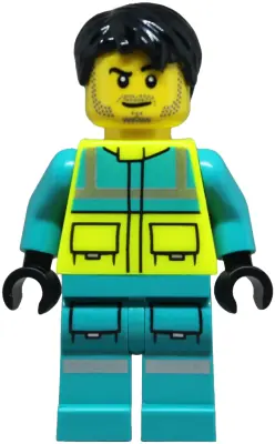 CTY1877:  Paramedic - Male, Dark Turquoise and Neon Yellow Safety Vest, Legs with Silver Reflective Stripes, Black Hair