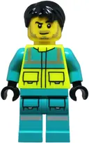 Minifigurka: CTY1877:  Paramedic - Male, Dark Turquoise and Neon Yellow Safety Vest, Legs with Silver Reflective Stripes, Black Hair