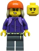 Minifigurka: CTY1878:  Skateboarder - Female, Dark Purple Tracksuit, Dark Bluish Gray Legs, Reddish Orange Sports Helmet, Tan Long Hair