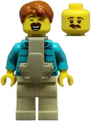 Minifigurka: CTY1880:  Dad - Dark Turquoise Jacket over Dark Purple Shirt, Tan Legs, Dark Orange Hair, Baby Carrier