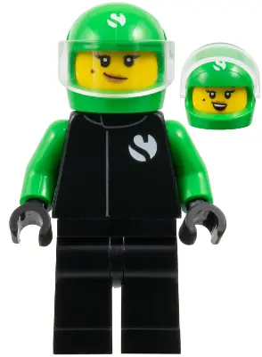 CTY1882:  Formula 1 Driver, Sauber - Female, Black and Bright Green Racing Suit, Bright Green Helmet, Trans-Clear Visor, Beauty Mark