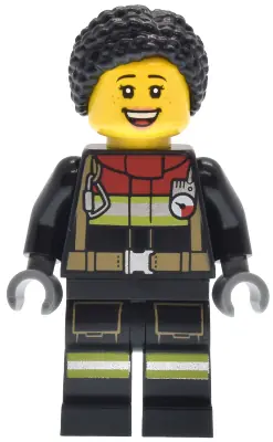 CTY1883:  Fire - Female, Black Jacket and Legs with Reflective Stripes and Red Collar, Black Hair Braided with Knot Bun, Freckles