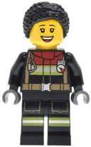 Minifigurka: CTY1883:  Fire - Female, Black Jacket and Legs with Reflective Stripes and Red Collar, Black Hair Braided with Knot Bun, Freckles