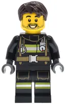 Minifigurka: CTY1884:  Fire - Male, Black Jacket and Legs with Reflective Stripes, Dark Brown Hair, Stubble