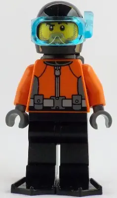CTY1885:  Helmsman - Male, Reddish Orange Wetsuit, Black Legs, Helmet, Air Tanks and Flippers, Trans-Light Blue Visor, Dark Tan Stubble