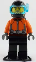 Minifigurka: CTY1885:  Helmsman - Male, Reddish Orange Wetsuit, Black Legs, Helmet, Air Tanks and Flippers, Trans-Light Blue Visor, Dark Tan Stubble