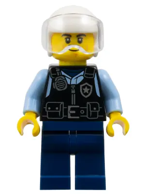 CTY1886:  Police - City Officer Male, Black Safety Vest with Silver Star Badge Logo, Dark Blue Legs, White Helmet, Trans-Clear Visor, Lopsided Grin