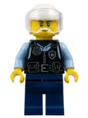 Minifigurka: CTY1886:  Police - City Officer Male, Black Safety Vest with Silver Star Badge Logo, Dark Blue Legs, White Helmet, Trans-Clear Visor, Lopsided Grin