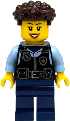 CTY1887:  Police - City Officer Female, Black Safety Vest with Silver Star Badge Logo, Dark Blue Legs, Dark Brown Coiled Hair