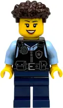 Minifigurka: CTY1887:  Police - City Officer Female, Black Safety Vest with Silver Star Badge Logo, Dark Blue Legs, Dark Brown Coiled Hair