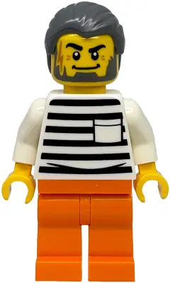 CTY1890:  Police - City Jail Prisoner Male, White Shirt with Pocket and Black Stripes, Orange Legs, Dark Bluish Gray Hair