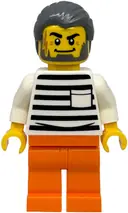 Minifigurka: CTY1890:  Police - City Jail Prisoner Male, White Shirt with Pocket and Black Stripes, Orange Legs, Dark Bluish Gray Hair